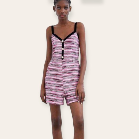 Zara Tweed Pink Velvet Strap Short Romper - Picture 1 of 16